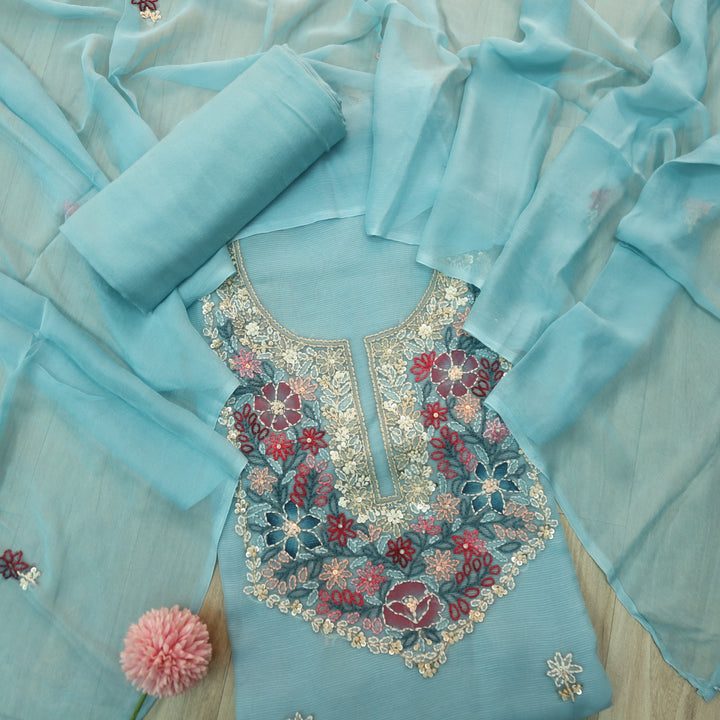 Roobi Sky Blue Hand Chikankari Work Semi Georgette Kota Doriya Suit Set