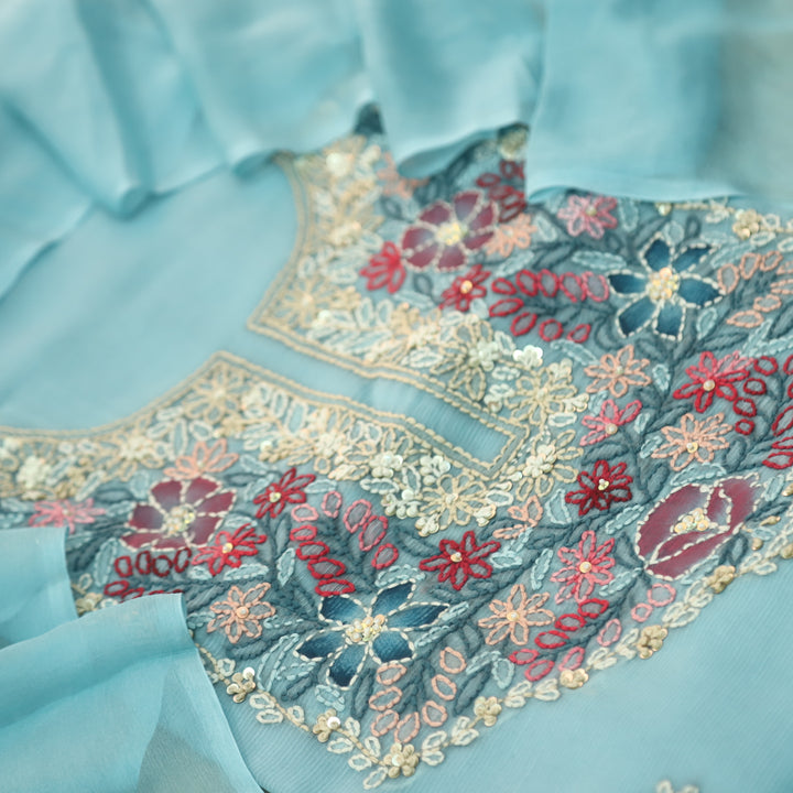 Roobi Sky Blue Hand Chikankari Work Semi Georgette Kota Doriya Suit Set