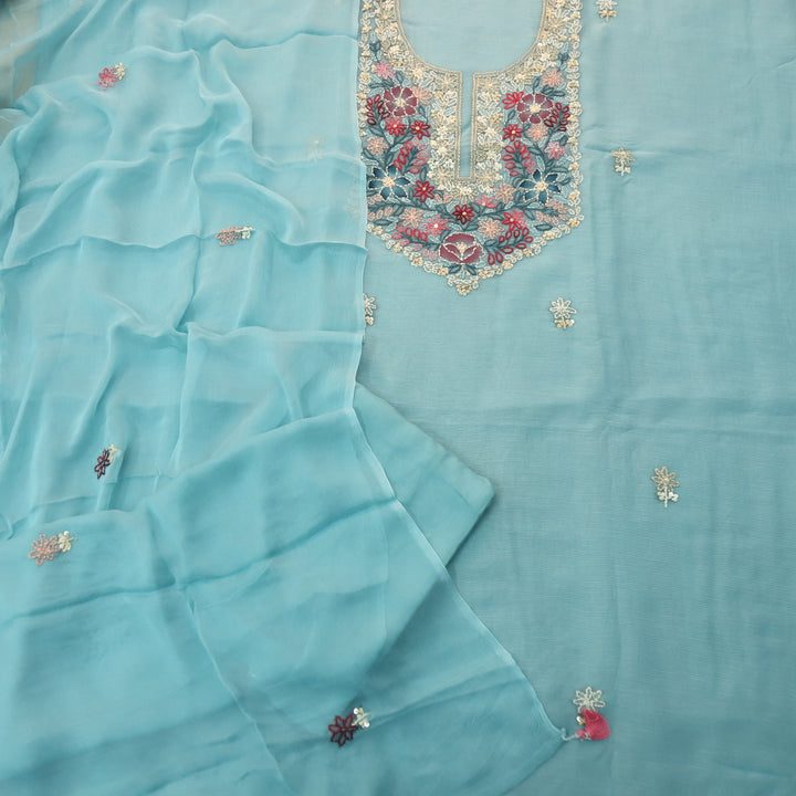 Roobi Sky Blue Hand Chikankari Work Semi Georgette Kota Doriya Suit Set