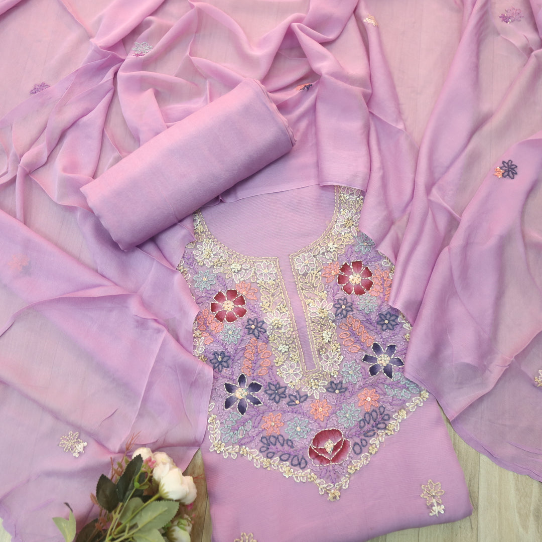 Roobi Soft Lilac Hand Chikankari Work Semi Georgette Kota Doriya Suit Set
