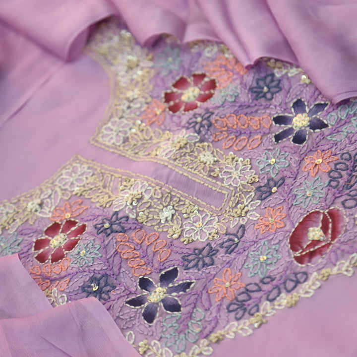 Roobi Soft Lilac Hand Chikankari Work Semi Georgette Kota Doriya Suit Set