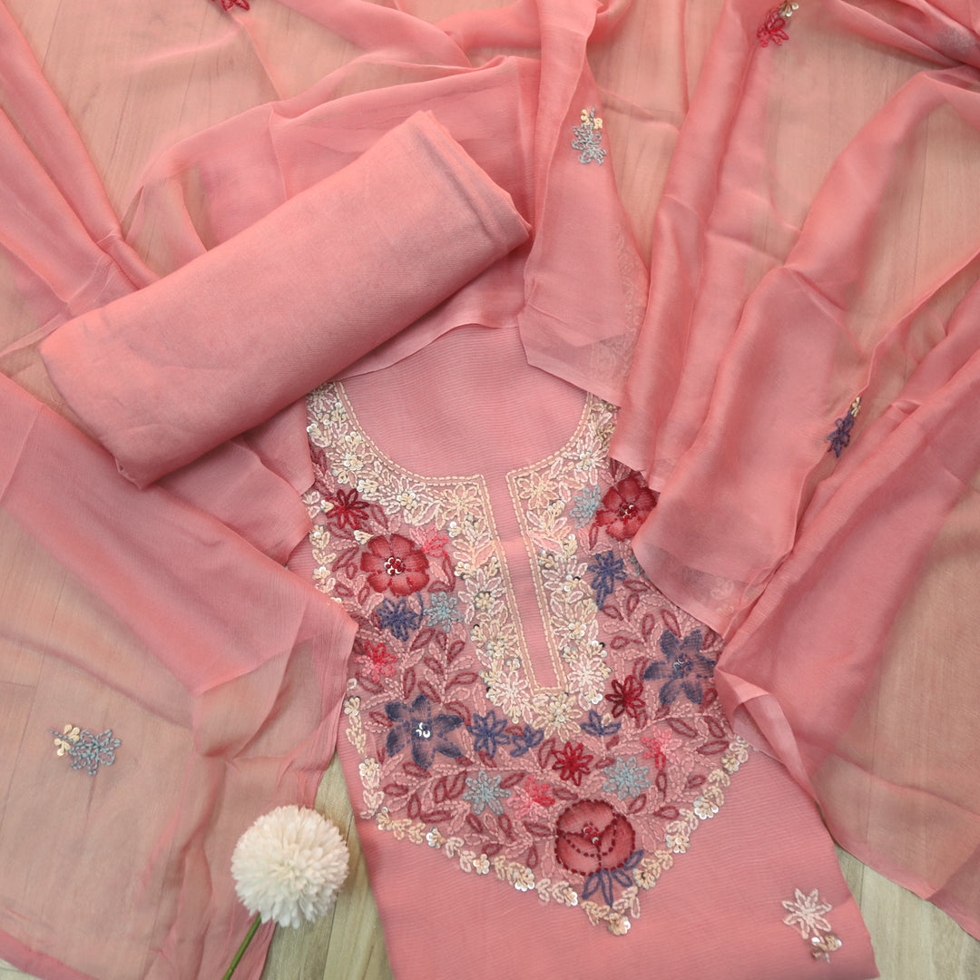 Roobi Mauve Pink Hand Chikankari Work Semi Georgette Kota Doriya Suit Set