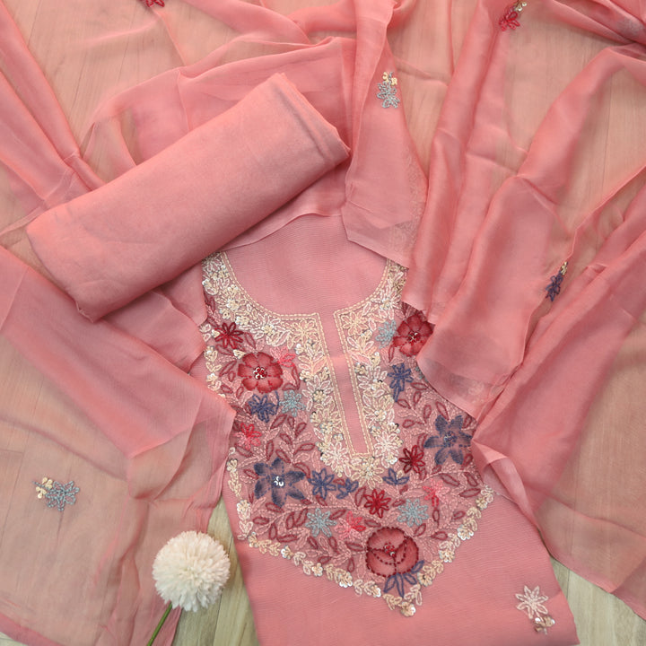Roobi Mauve Pink Hand Chikankari Work Semi Georgette Kota Doriya Suit Set