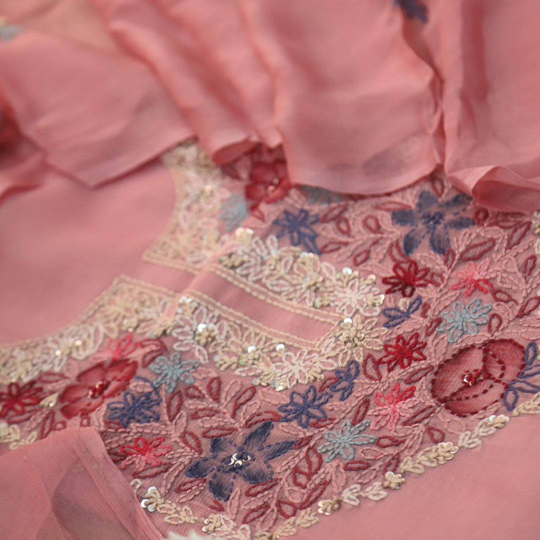 Roobi Mauve Pink Hand Chikankari Work Semi Georgette Kota Doriya Suit Set