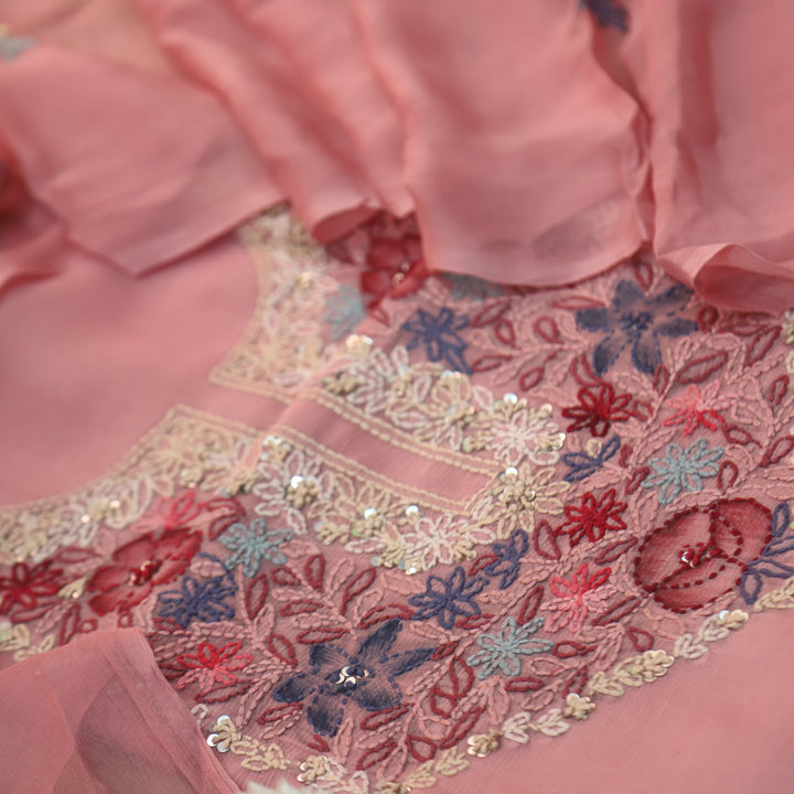 Roobi Mauve Pink Hand Chikankari Work Semi Georgette Kota Doriya Suit Set