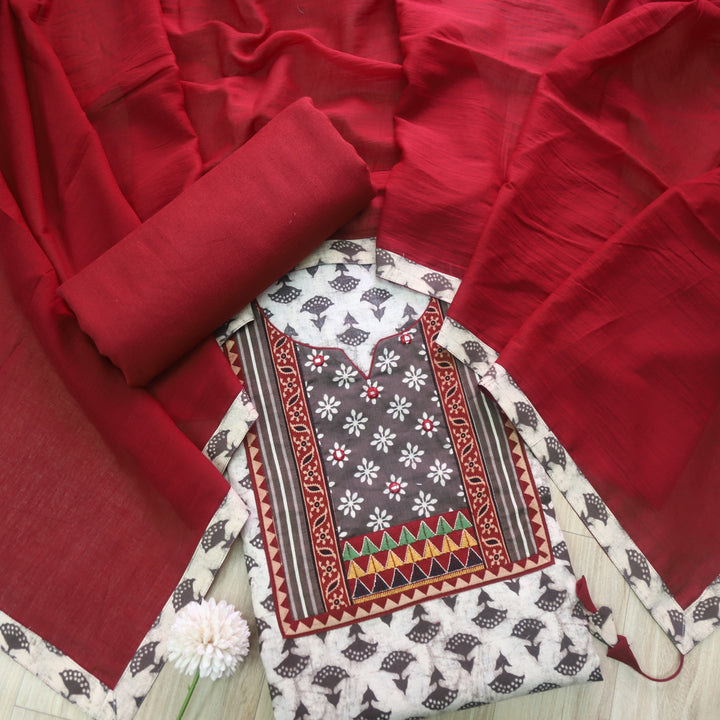 Sulari Latte Tan Beige Mirror Work Kutch Fusion Neck Cotton Suit Set
