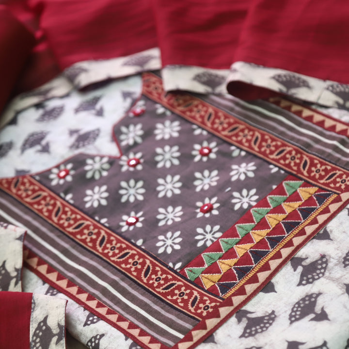 Sulari Latte Tan Beige Mirror Work Kutch Fusion Neck Cotton Suit Set