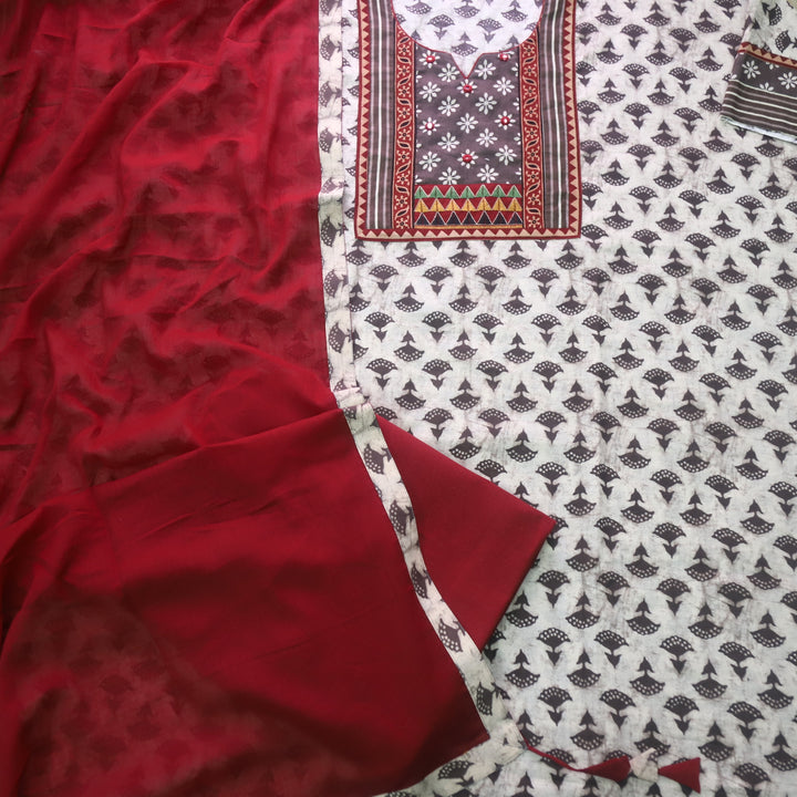 Sulari Latte Tan Beige Mirror Work Kutch Fusion Neck Cotton Suit Set