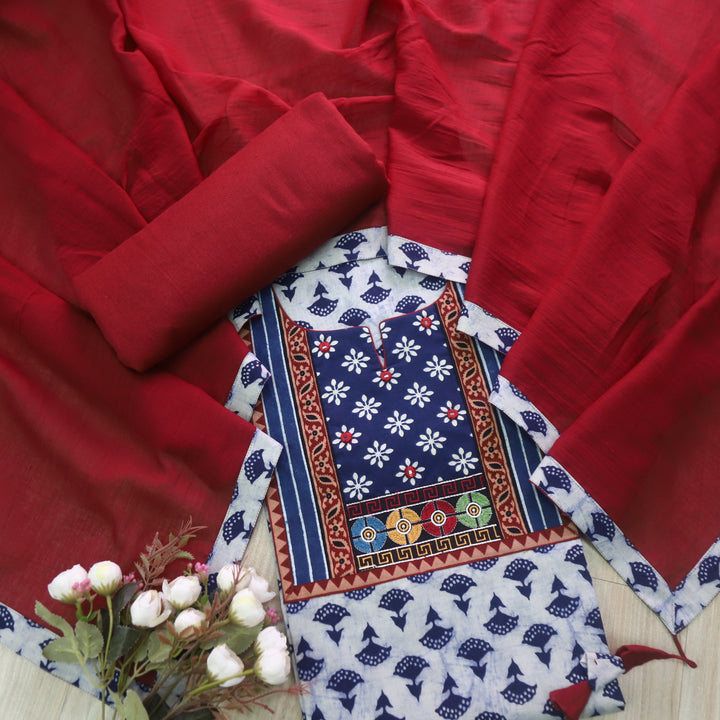 Sulari Indigo Blue Dabu Print Mirror Work Kutch Fusion Neck Cotton Suit Set