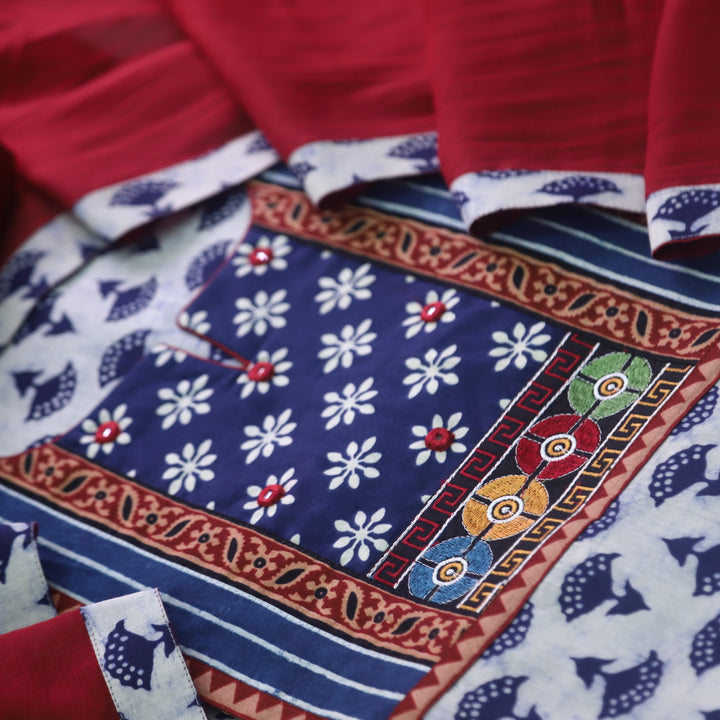Sulari Indigo Blue Dabu Print Mirror Work Kutch Fusion Neck Cotton Suit Set