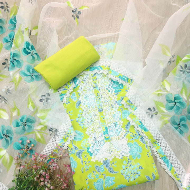 Aashna Neon Green Lace Work with Floral Printed Cotton Suit Set