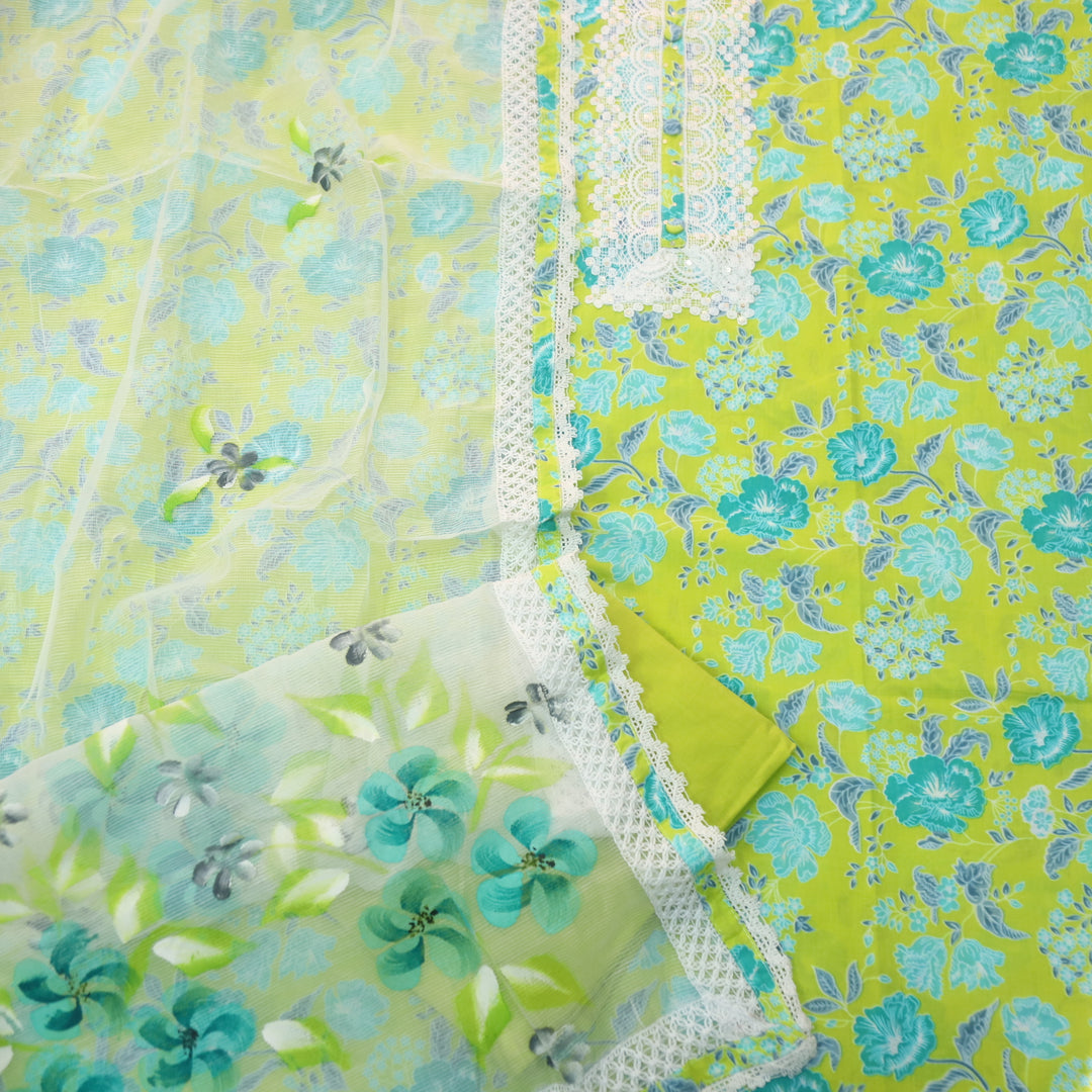 Aashna Neon Green Lace Work with Floral Printed Cotton Suit Set