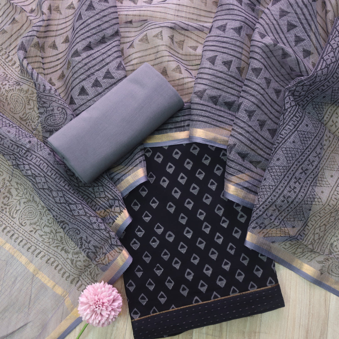 Rashq Black Printed Cotton top with Grey Printed Kota Doriya Dupatta Set