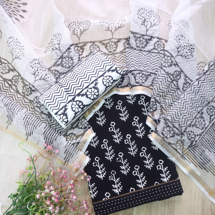 Rashq Black Printed Cotton top with White Printed Kota Doriya Dupatta Set D1