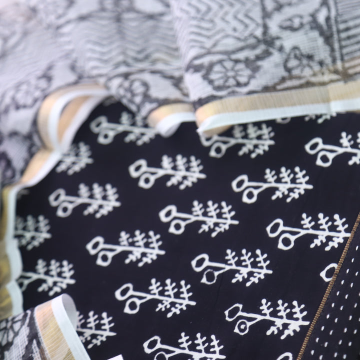 Rashq Black Printed Cotton top with White Printed Kota Doriya Dupatta Set D1
