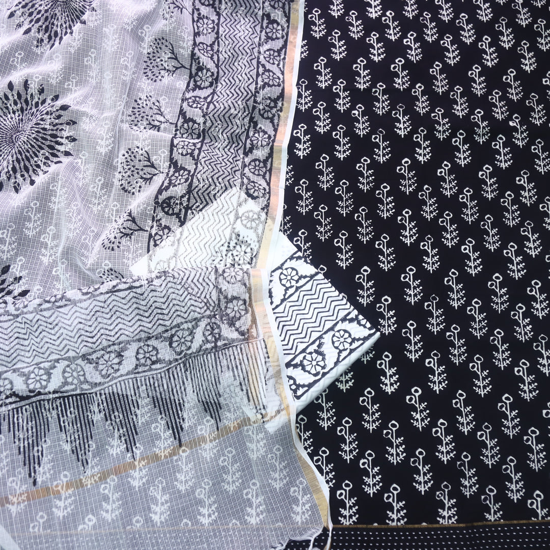 Rashq Black Printed Cotton top with White Printed Kota Doriya Dupatta Set D1