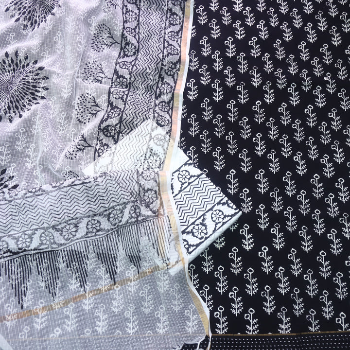Rashq Black Printed Cotton top with White Printed Kota Doriya Dupatta Set D1