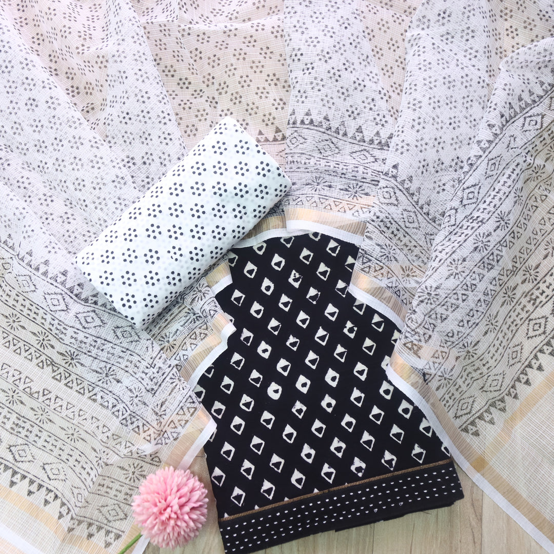 Rashq Black Printed Cotton top with White Printed Kota Doriya Dupatta Set D2