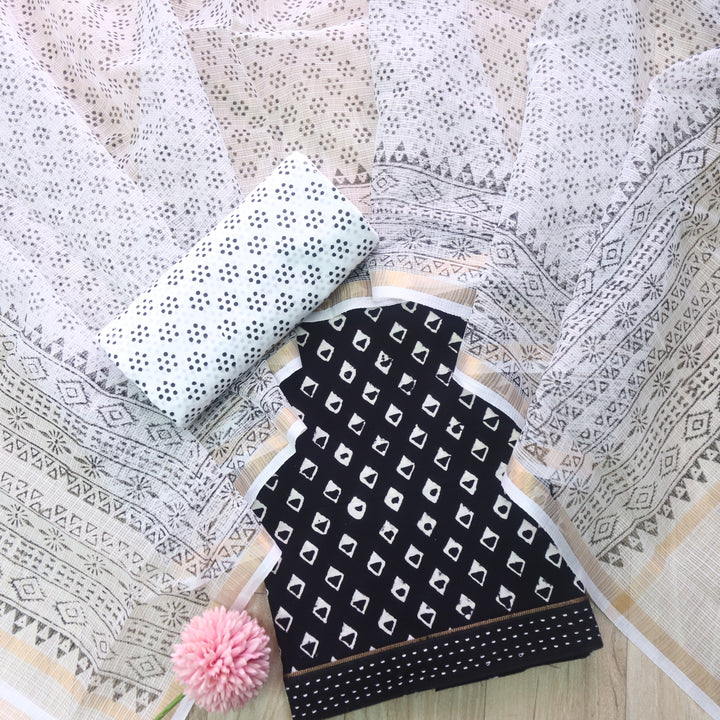 Rashq Black Printed Cotton top with White Printed Kota Doriya Dupatta Set D2