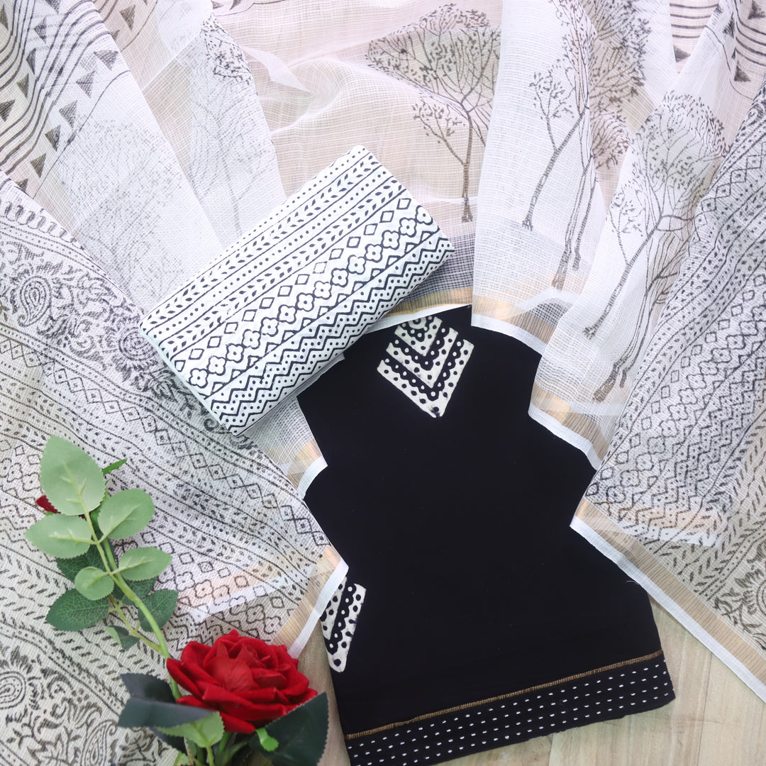 Rashq Black Printed Cotton top with White Printed Kota Doriya Dupatta Set D3