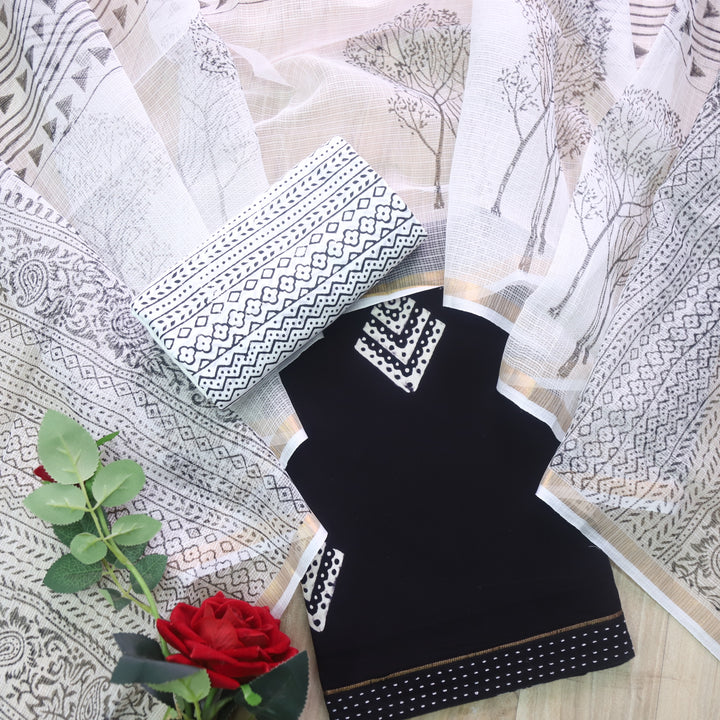 Rashq Black Printed Cotton top with White Printed Kota Doriya Dupatta Set D3