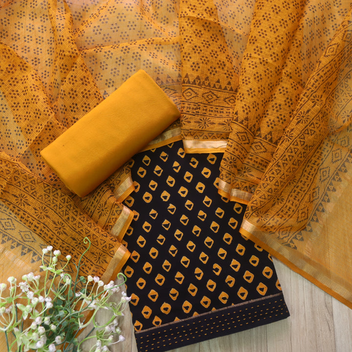 Rashq Black Printed Cotton top with Yellow Printed Kota Doriya Dupatta Set
