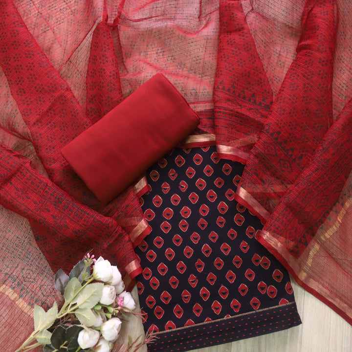 Rashq Black Printed Cotton top with Red Printed Kota Doriya Dupatta Set