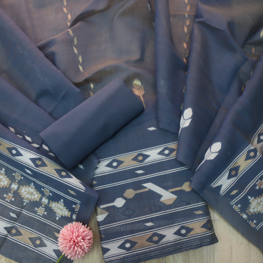 Jannat Space Blue Authentic Jamdani Top and Jamdani Dupatta Suit Set