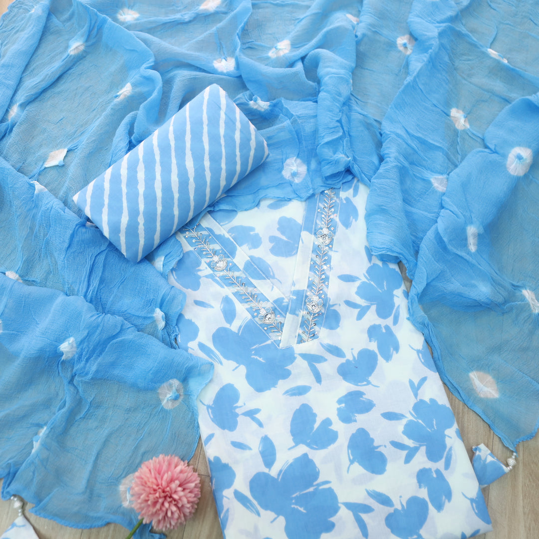 Haseen White with Blue Floral Print V Embellish Neck Cotton Suit Set