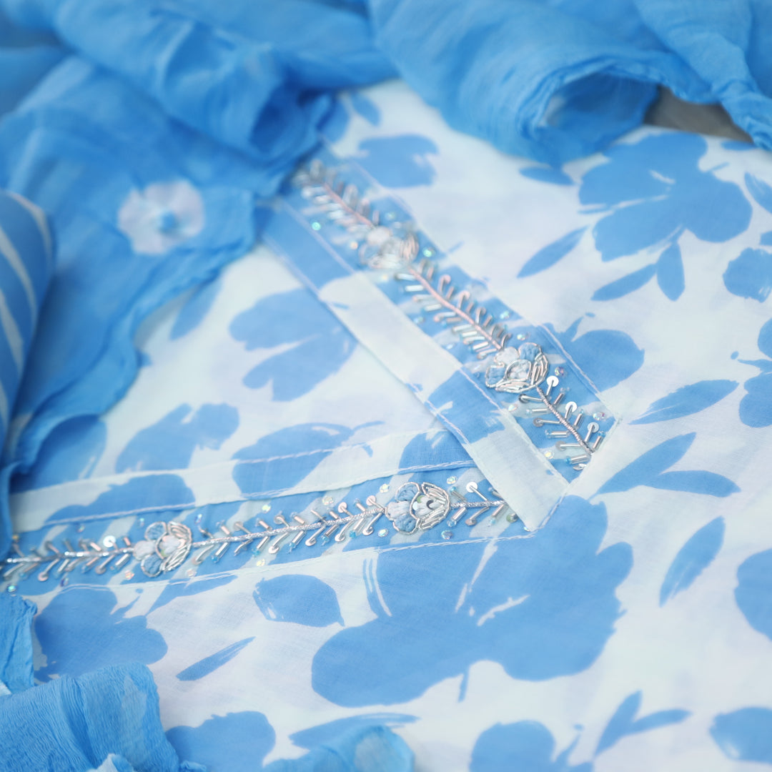 Haseen White with Blue Floral Print V Embellish Neck Cotton Suit Set