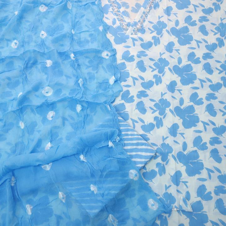 Haseen White with Blue Floral Print V Embellish Neck Cotton Suit Set