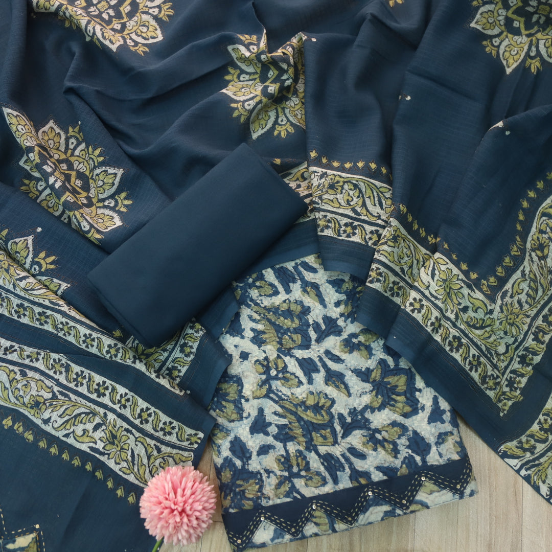 Rashq Aegean Blue Dobby Work Floral Printed Cotton Suit Set