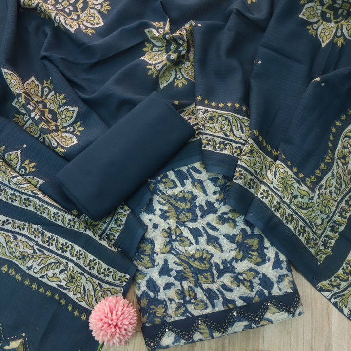 Rashq Aegean Blue Dobby Work Floral Printed Cotton Suit Set
