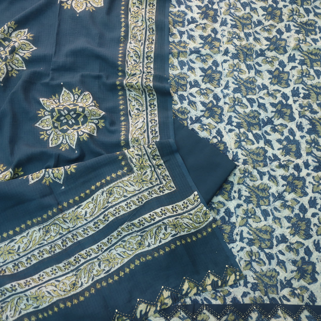 Rashq Aegean Blue Dobby Work Floral Printed Cotton Suit Set