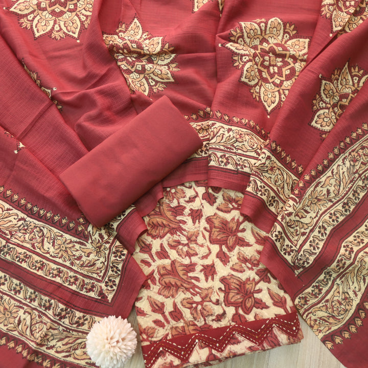 Rashq Ruby Maroon Dobby Work Floral Printed Cotton Suit Set