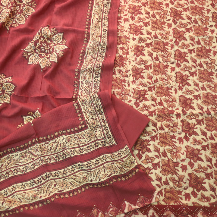 Rashq Ruby Maroon Dobby Work Floral Printed Cotton Suit Set