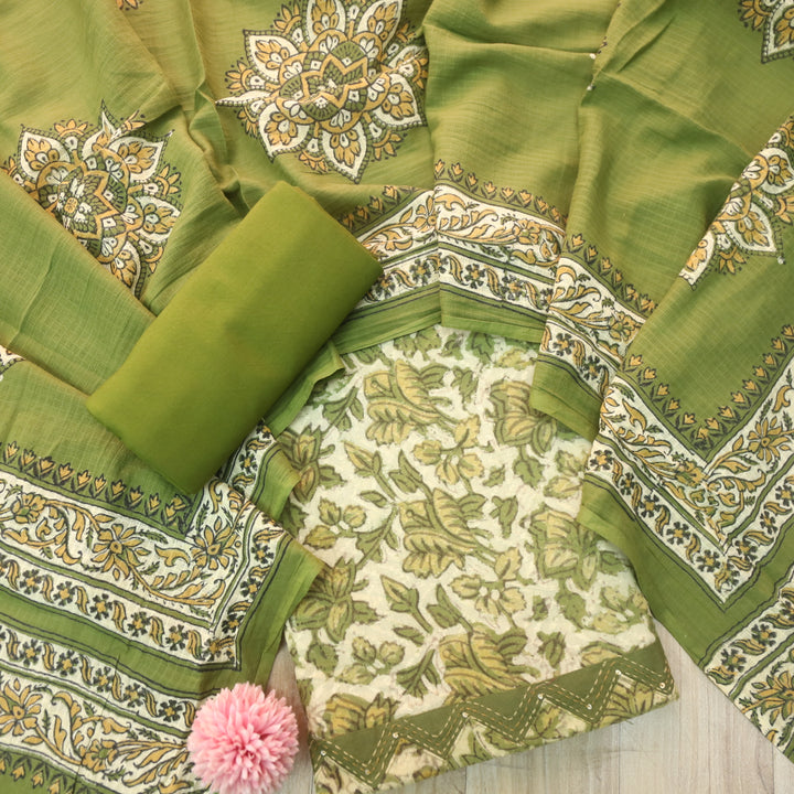 Rashq Grass Green Dobby Work Floral Printed Cotton Suit Set