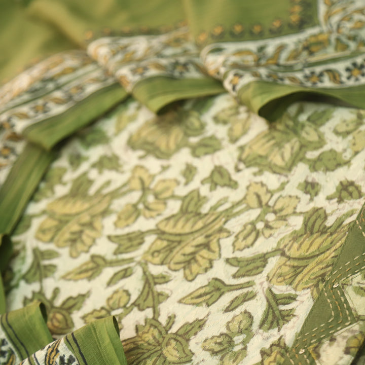 Rashq Grass Green Dobby Work Floral Printed Cotton Suit Set
