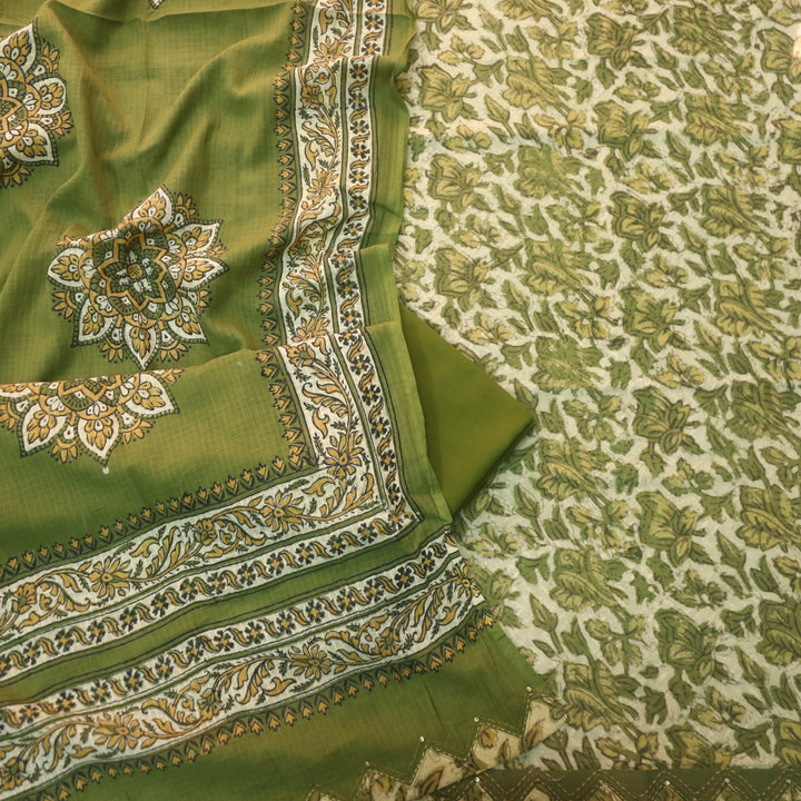 Rashq Grass Green Dobby Work Floral Printed Cotton Suit Set