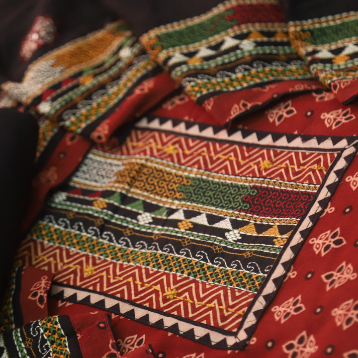 Pardesiya Tomato Red Kutch Patch Neck Work Cotton Suit Set