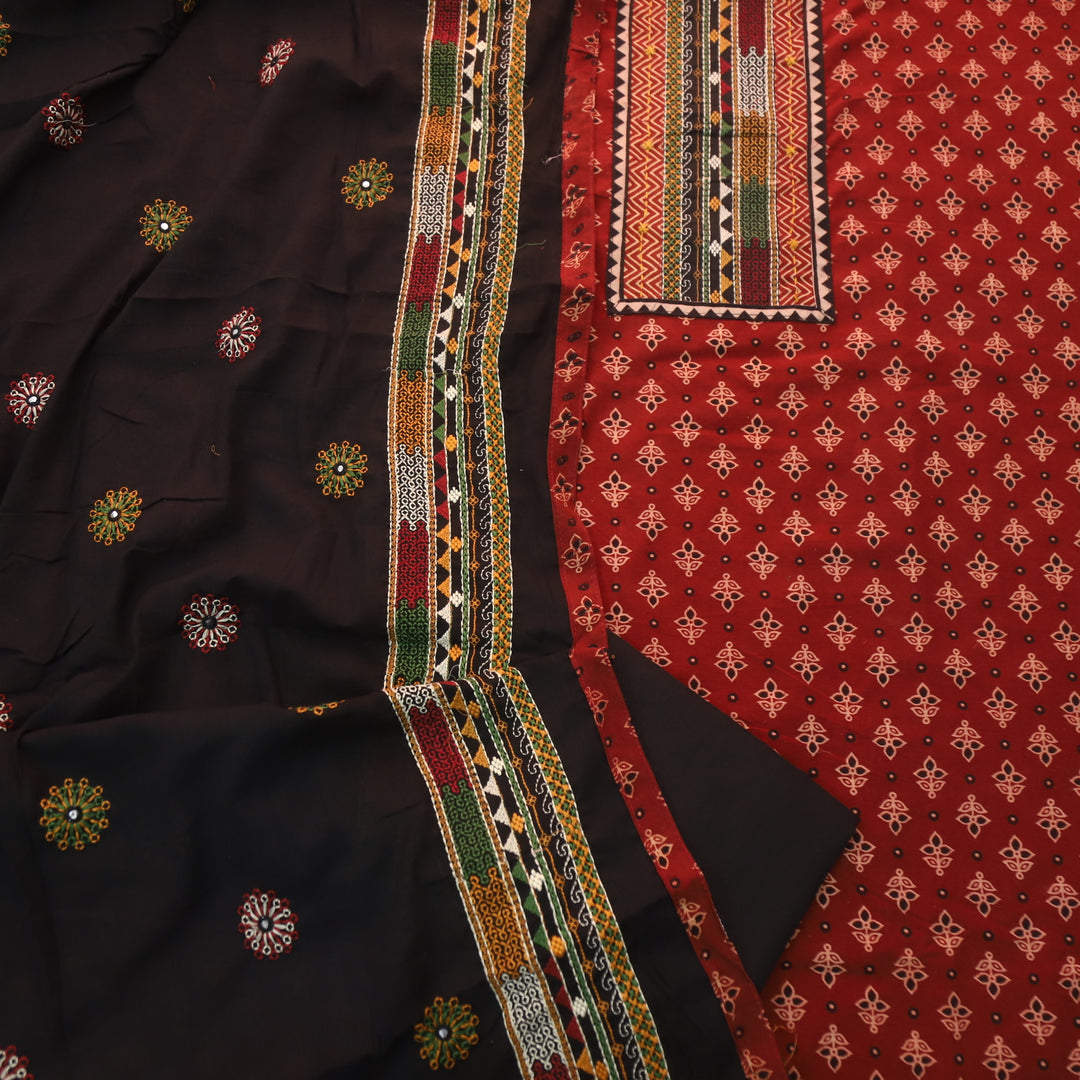 Pardesiya Tomato Red Kutch Patch Neck Work Cotton Suit Set