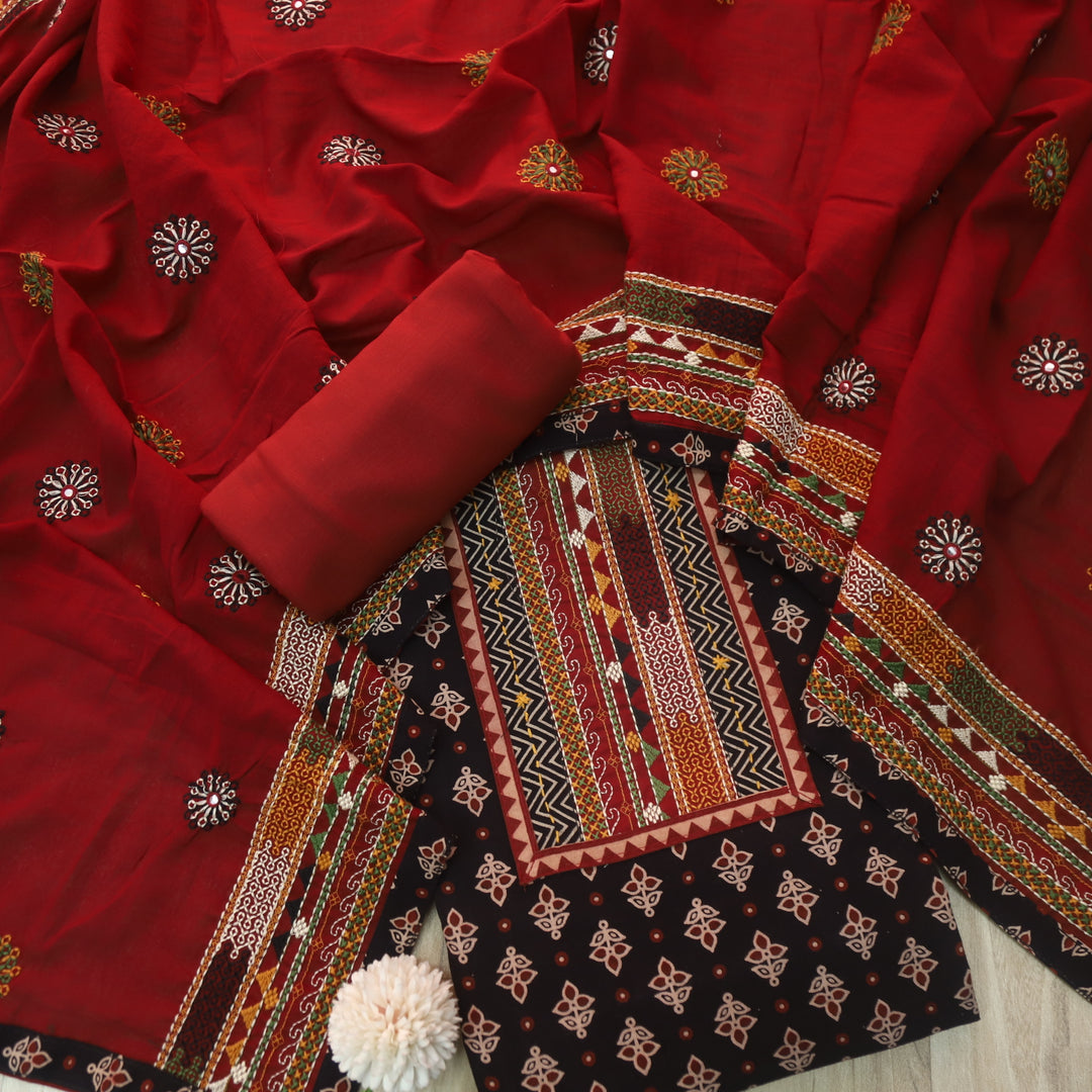 Pardesiya Night Black Kutch Patch Neck Work Cotton Suit Set