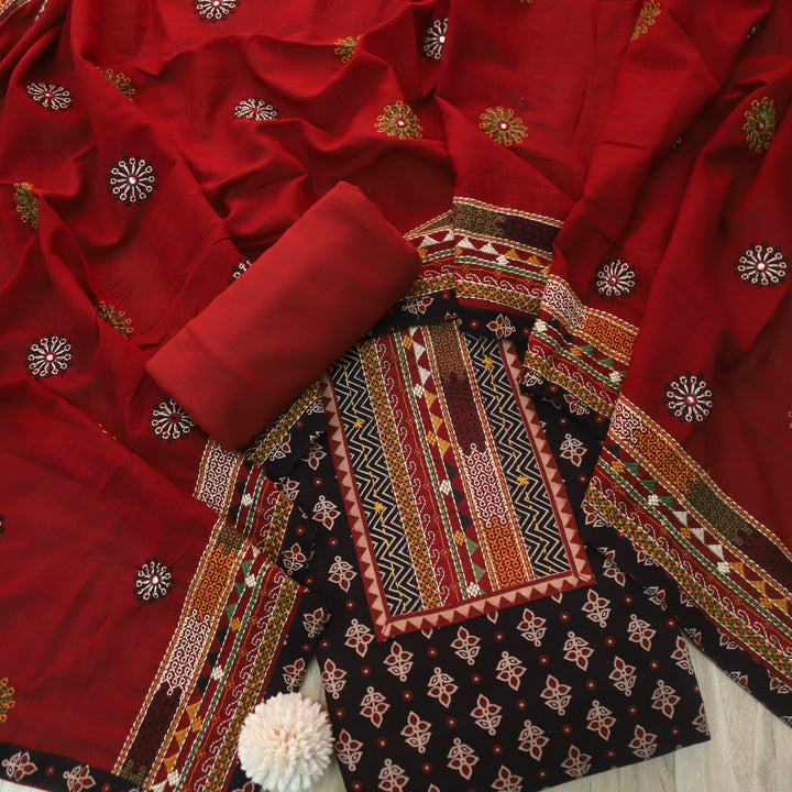 Pardesiya Night Black Kutch Patch Neck Work Cotton Suit Set