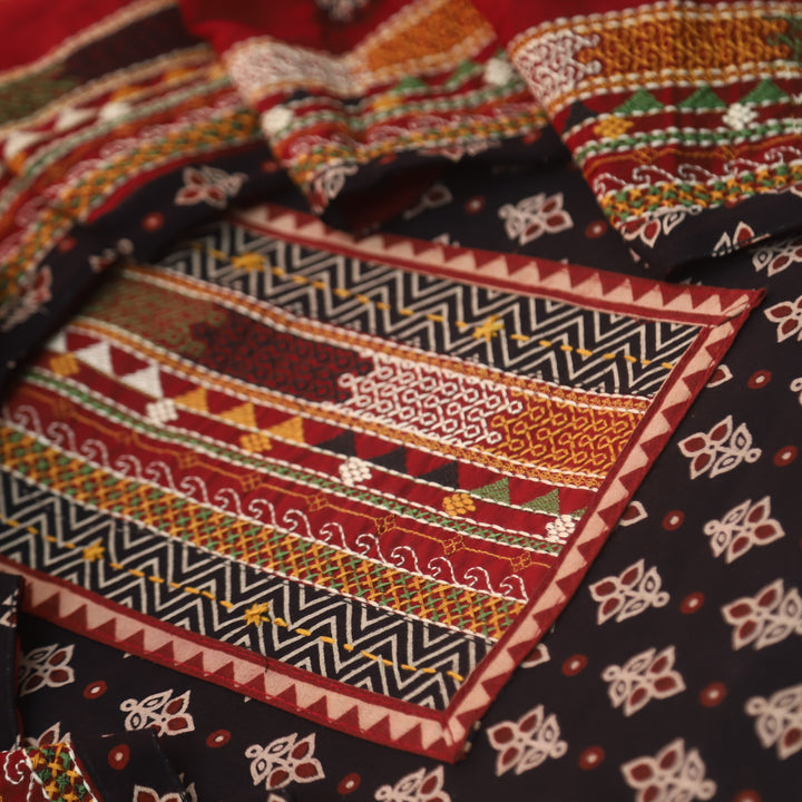 Pardesiya Night Black Kutch Patch Neck Work Cotton Suit Set