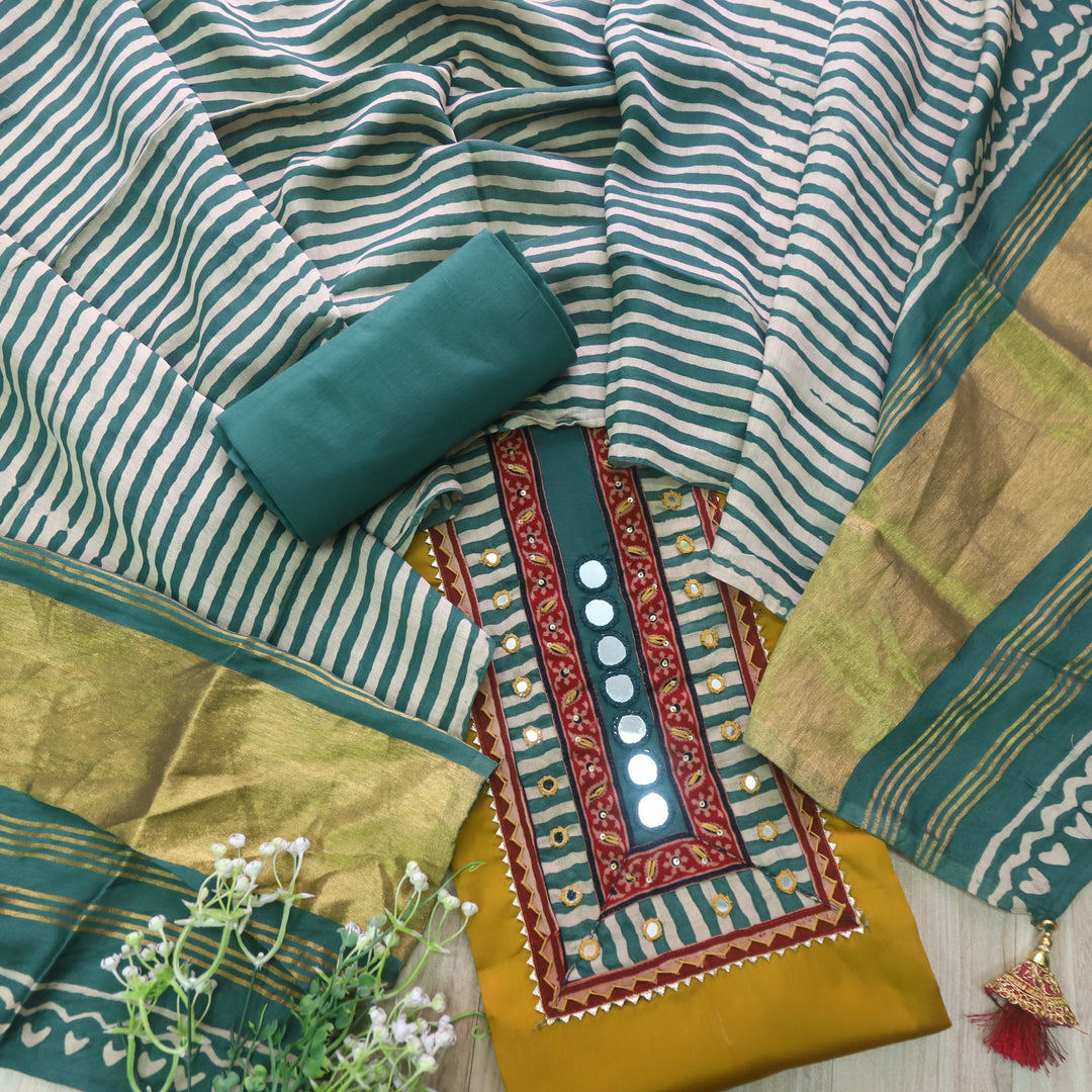 Sulari Sun Yellow Mirror Work Jam Cotton Satin Top with Gajji Silk Dupatta