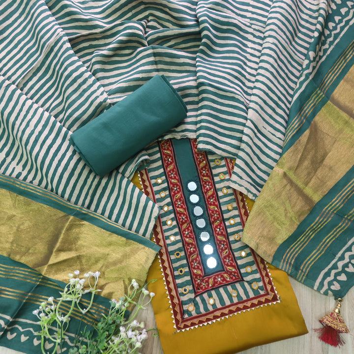 Sulari Sun Yellow Mirror Work Jam Cotton Satin Top with Gajji Silk Dupatta