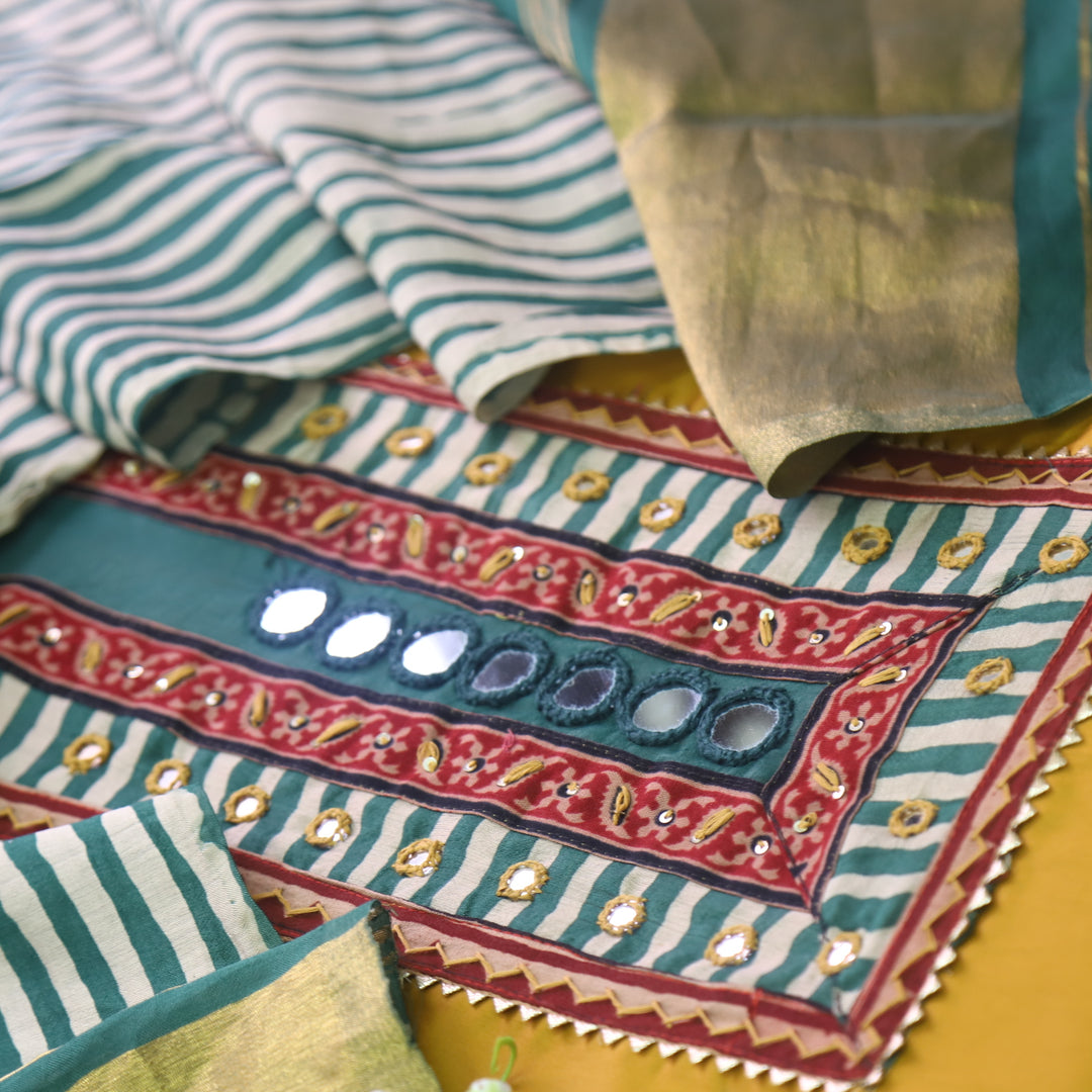 Sulari Sun Yellow Mirror Work Jam Cotton Satin Top with Gajji Silk Dupatta