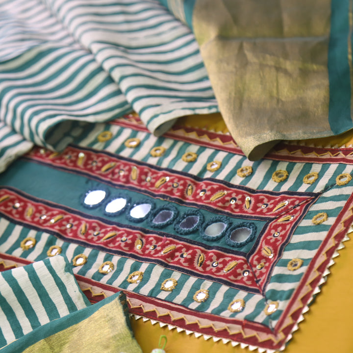 Sulari Sun Yellow Mirror Work Jam Cotton Satin Top with Gajji Silk Dupatta