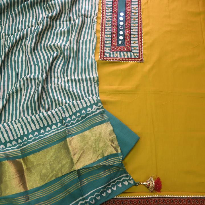 Sulari Sun Yellow Mirror Work Jam Cotton Satin Top with Gajji Silk Dupatta