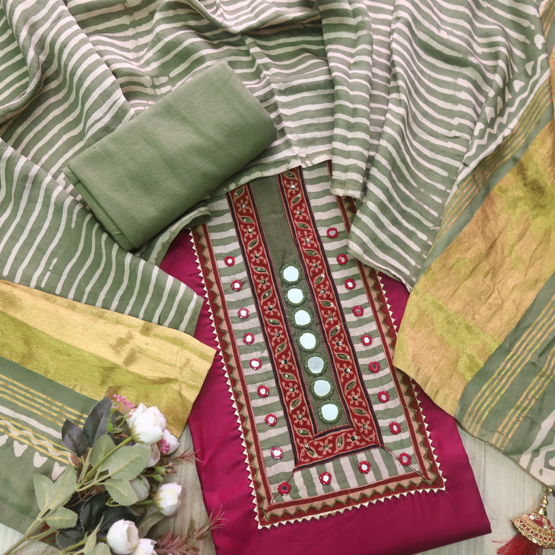 Sulari Current Pink Mirror Work Jam Cotton Satin Top with Gajji Silk Dupatta